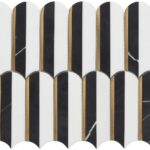 Black and white marble tiles with gold trim, featuring a textured surface and sleek, modern aesthetic.