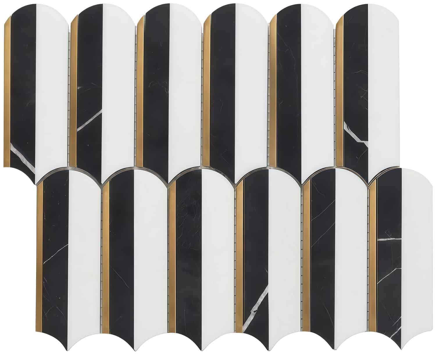 Black and white marble tiles with gold trim, featuring a textured surface and sleek, modern aesthetic.
