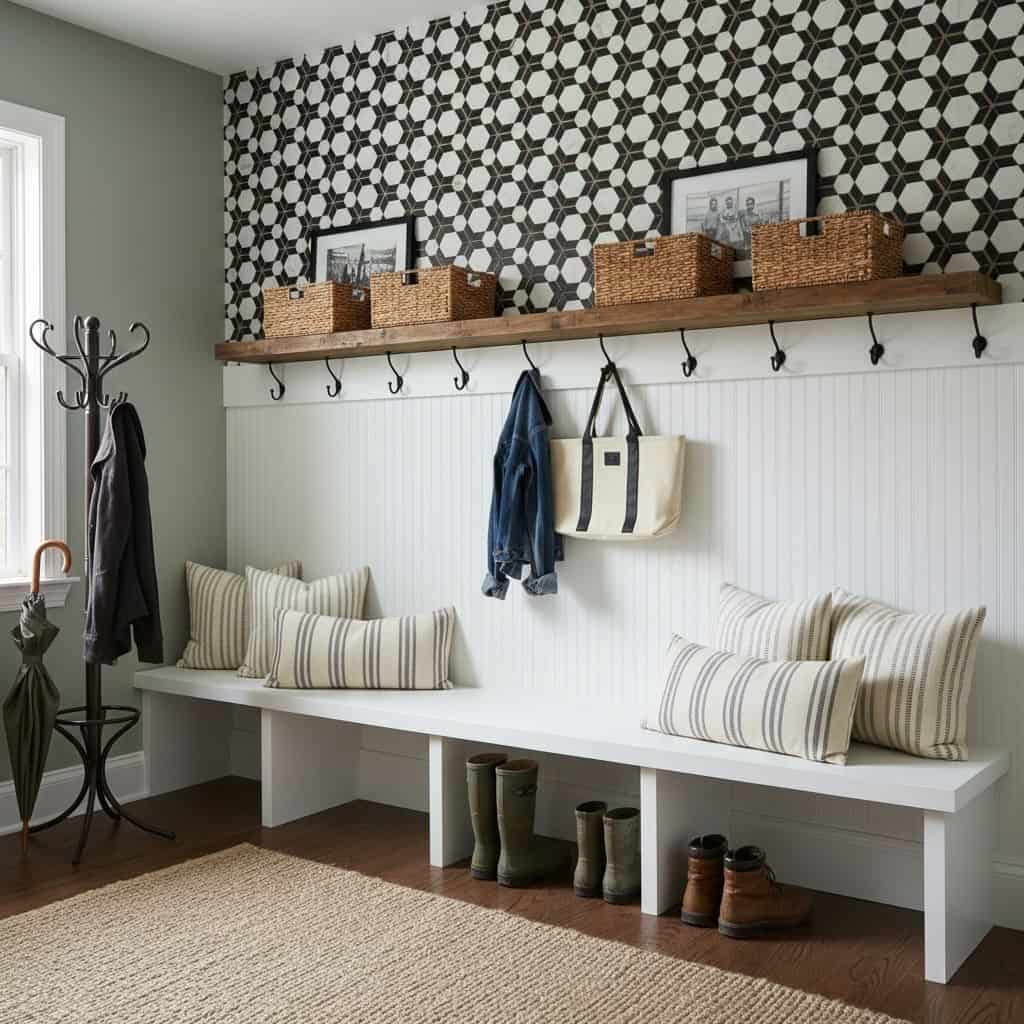 Decorative black and white geometric tile wall with wooden shelf and baskets.