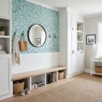 A stylish entryway featuring a blue mother of pearl shell tile accent wall with a round mirror and white cabinetry.