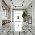 Elegant white marble flooring with black geometric patterns and a sleek, contemporary design.