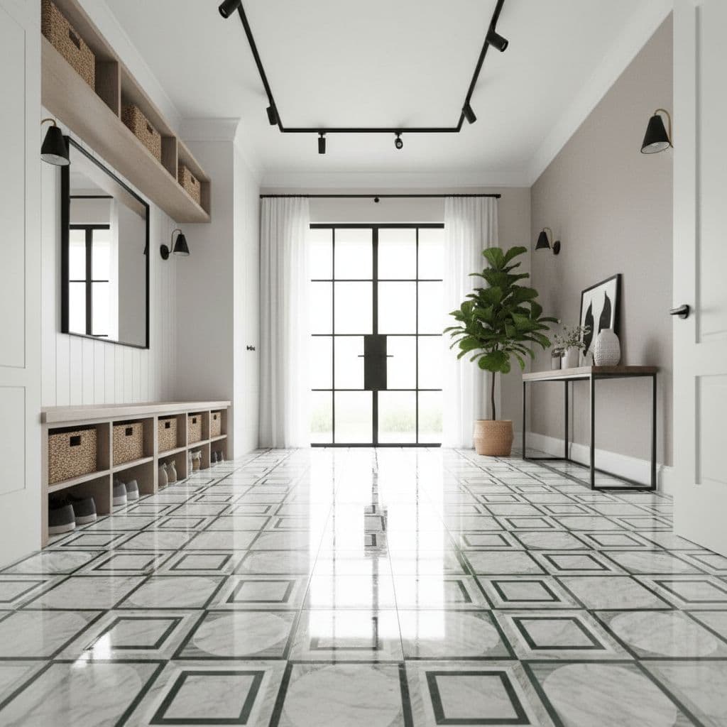 Elegant white marble flooring with black geometric patterns and a sleek, contemporary design.