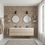 Mirror and wall-mounted shelves with peel and stick tile backsplash.