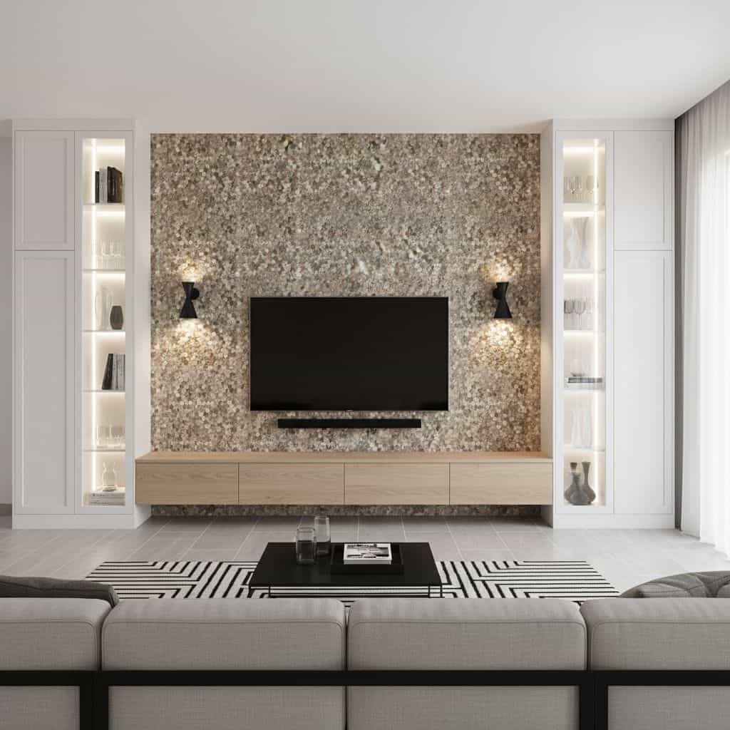 Modern living room with peel and stick tile accent wall, TV, and built-in shelves for stylish home decor.