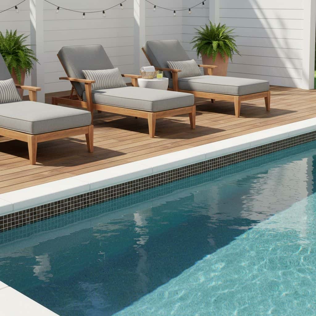 Relaxing outdoor pool area with glass tile lining, lounge chairs, potted plants, and string lights for a cozy ambiance.