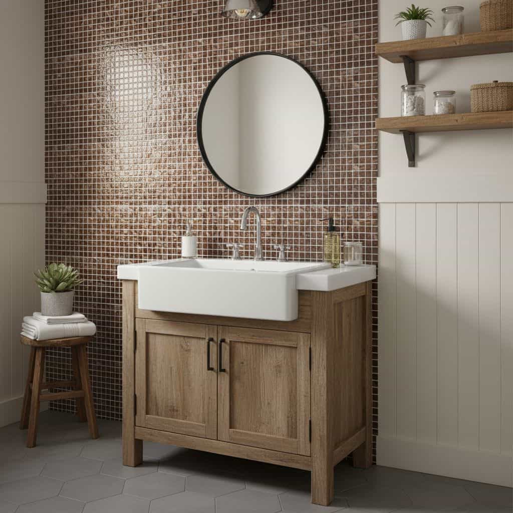 Glass tile backsplash, bathroom decor, round mirror, wooden vanity, modern bathroom design.