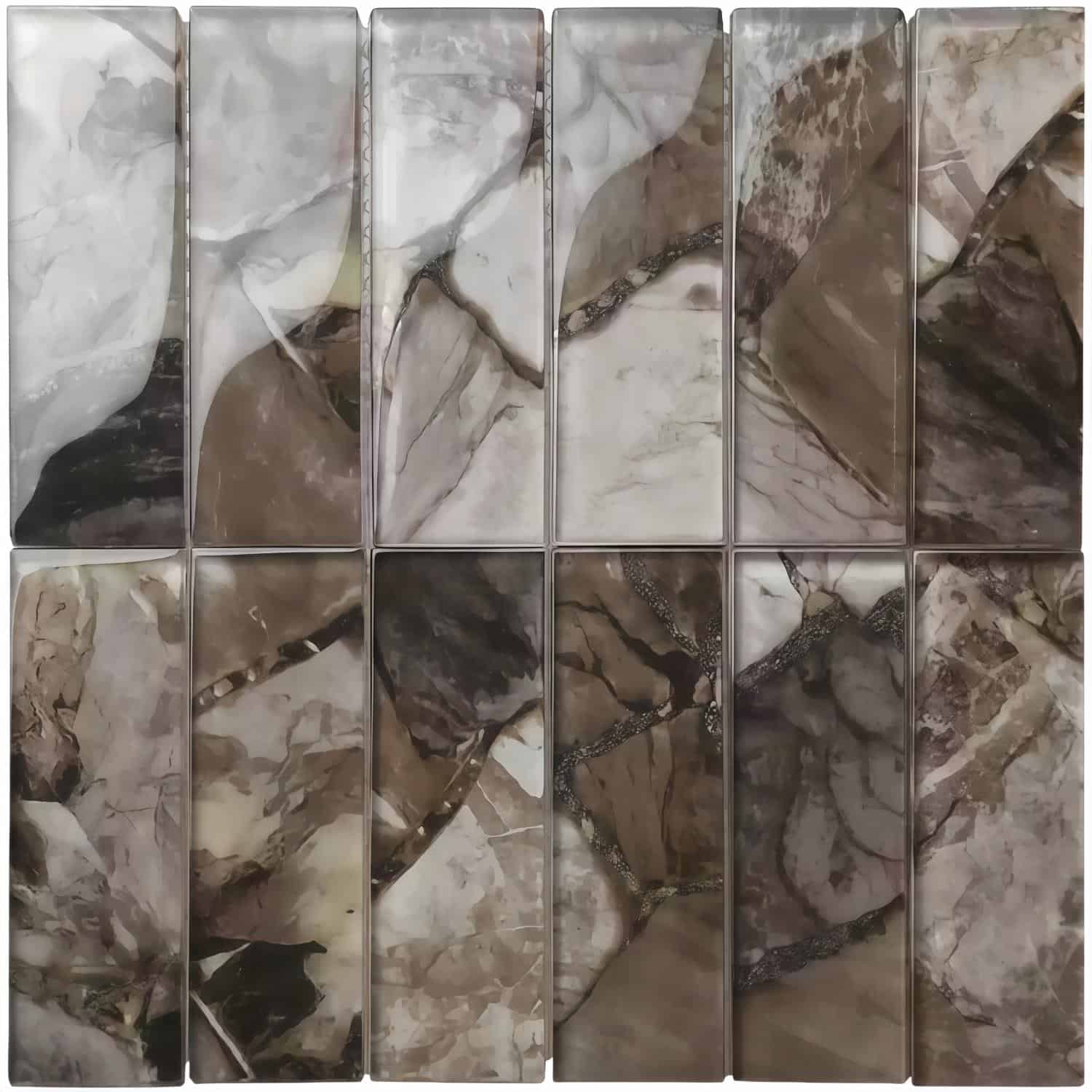 Up of marble glass mosaic tiles with natural veining and glossy finish.