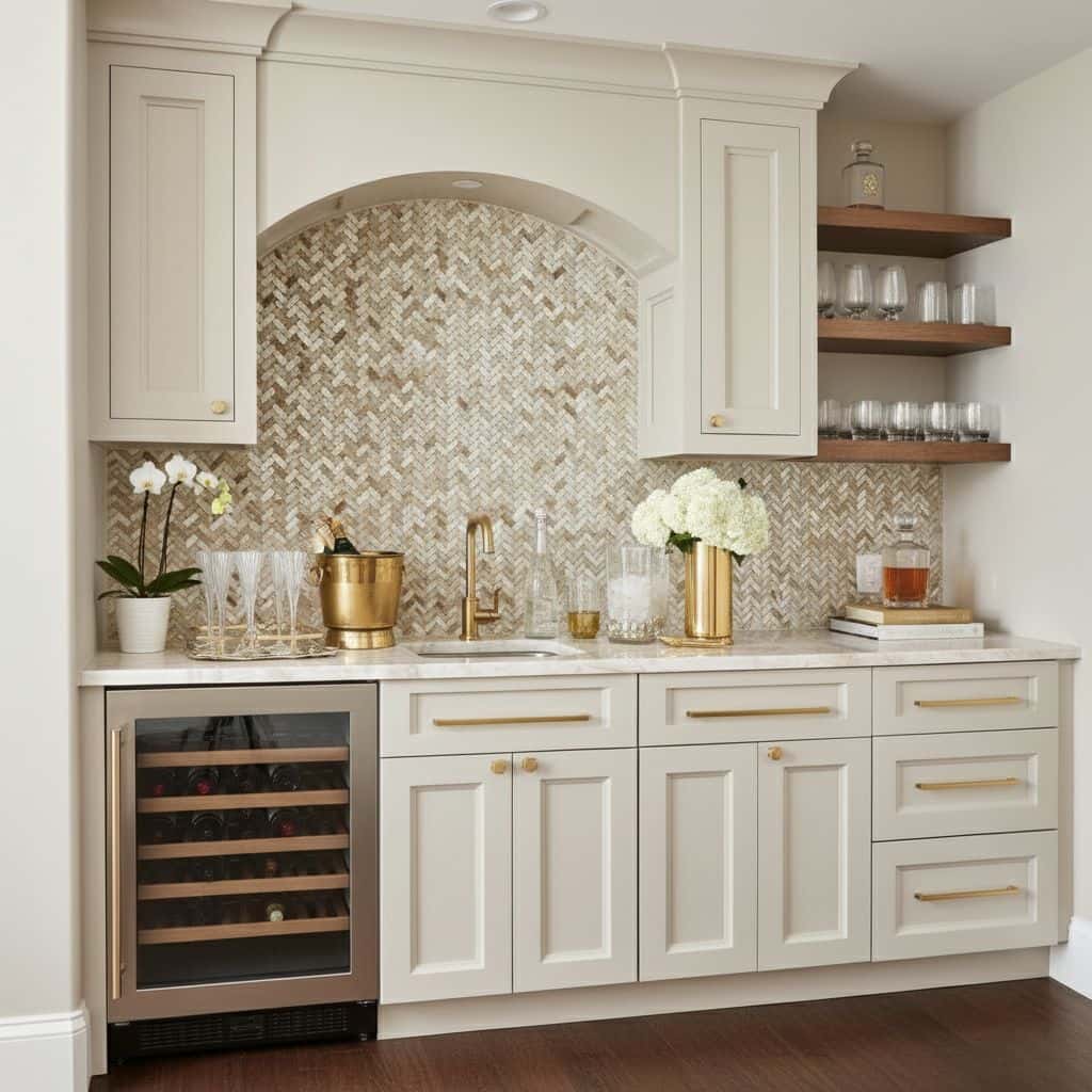 Elegant kitchen with mother of pearl shell tile backsplash, white cabinetry, and open wooden shelves.