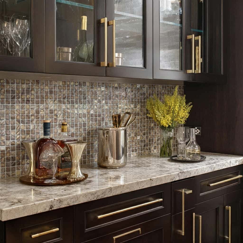 Up of a kitchen backsplash featuring mother of pearl shell tiles with a marble countertop and decorative items.