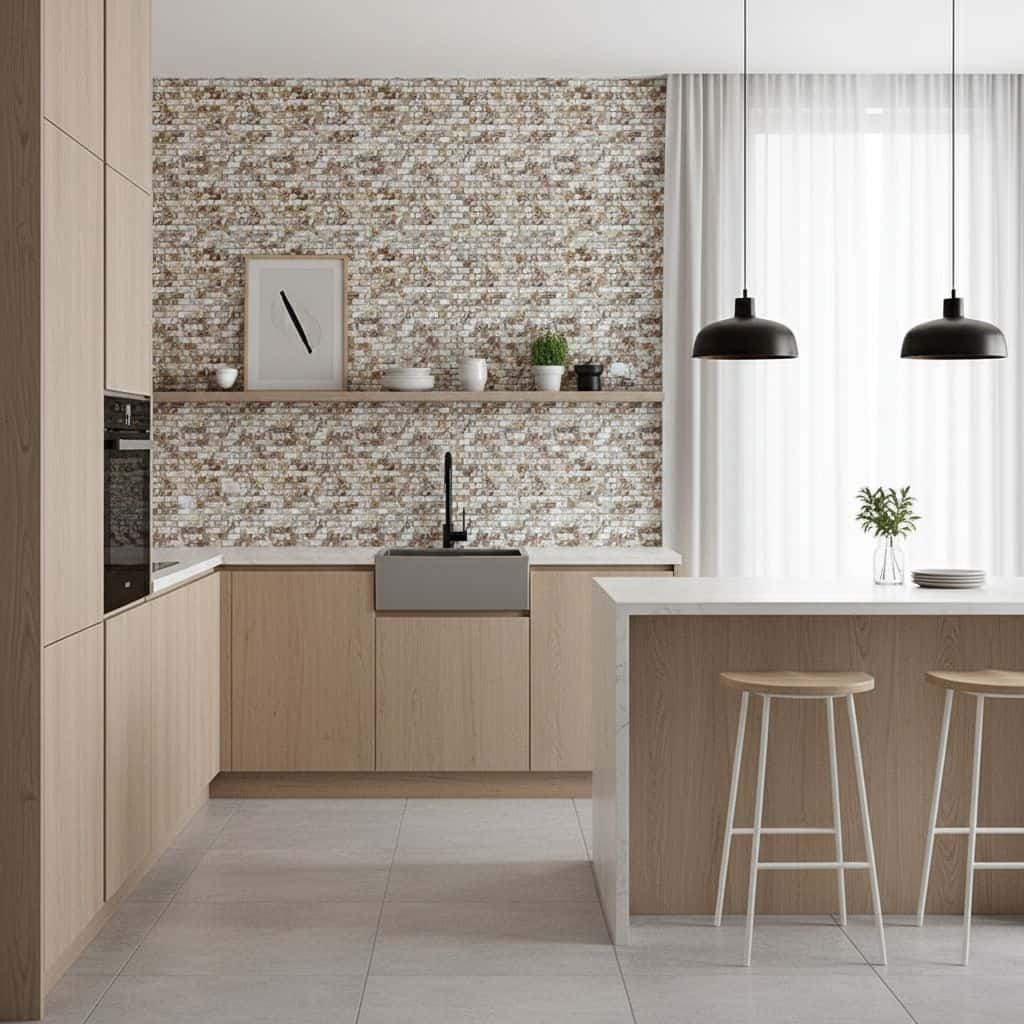 Mother of pearl shell tile backsplash in a modern kitchen with neutral tones and minimalist design.