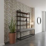 Decorative shell tile wall with mother of pearl and seashell accents in modern interior design.