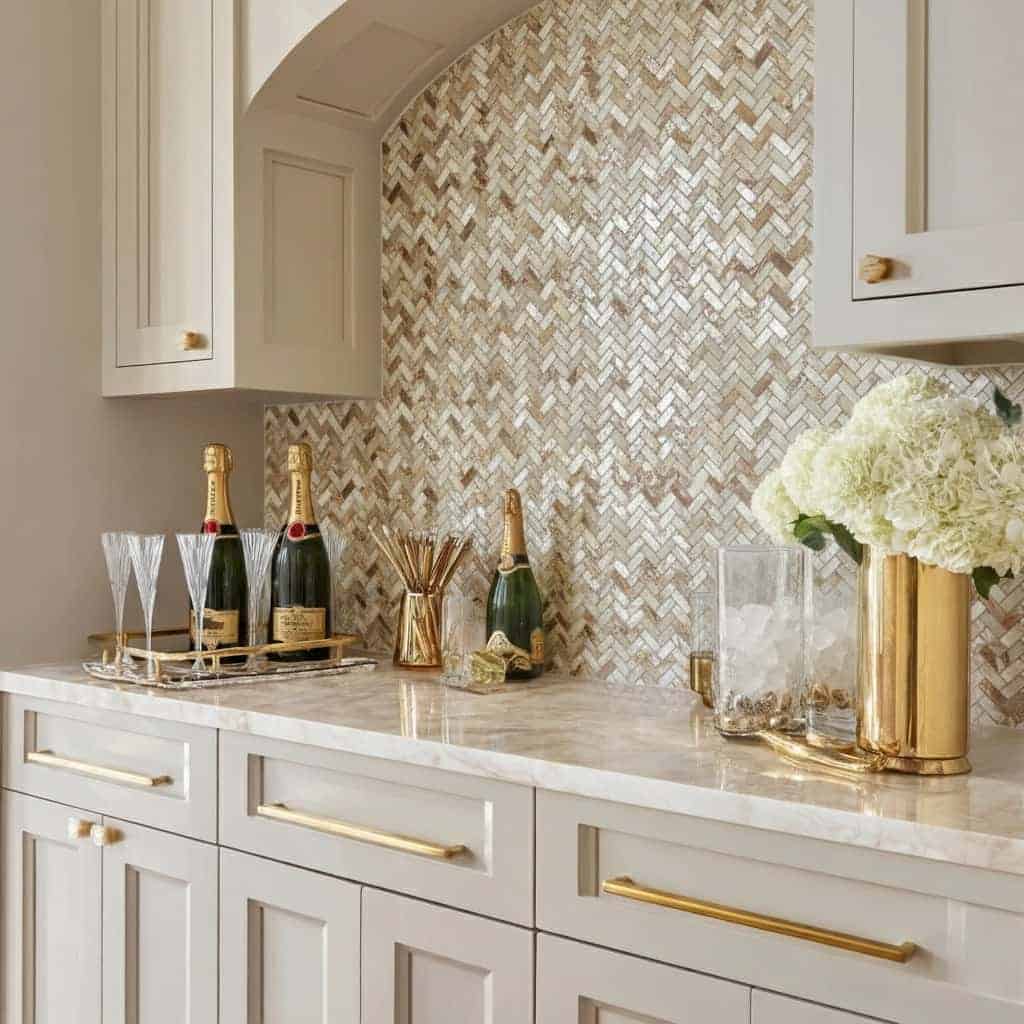 Elegant shell tile backsplash with mother of pearl accents in a luxurious kitchen setting.
