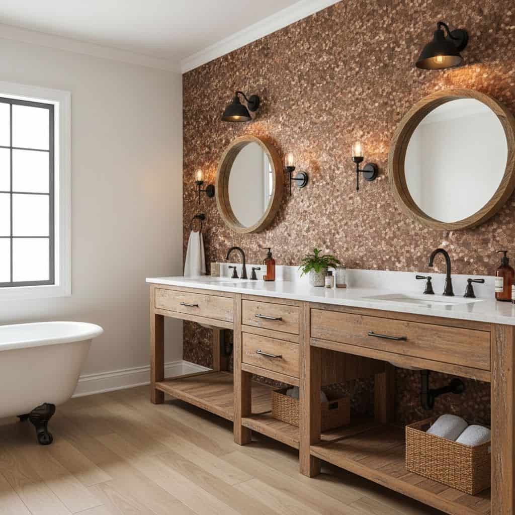 Modern bathroom with peel and stick tile backsplash behind double vanity and a freestanding bathtub.