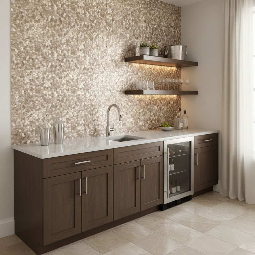 Image of a modern kitchen with peel and stick tile backsplash behind the sink area.