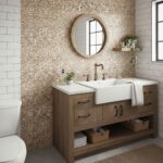 Mirror and wall shelf with plants in modern bathroom.