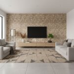 Modern living room with peel and stick wall tile behind TV, featuring neutral tones and textured design.