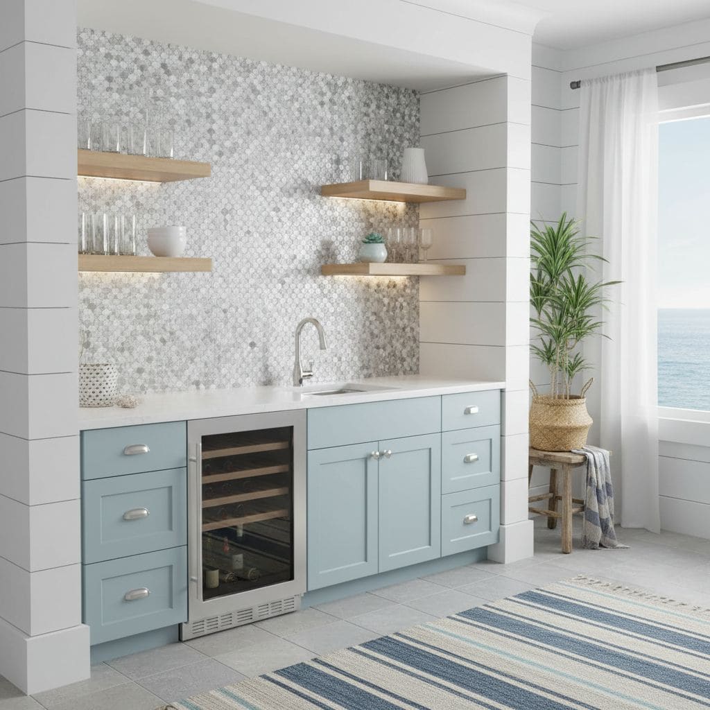 Modern kitchen with peel and stick tile backsplash, light blue cabinetry, and open shelving near a window with ocean view.