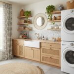 A modern laundry room featuring peel and stick tile backsplash, wooden cabinets, and decorative wall shelves with plants and.