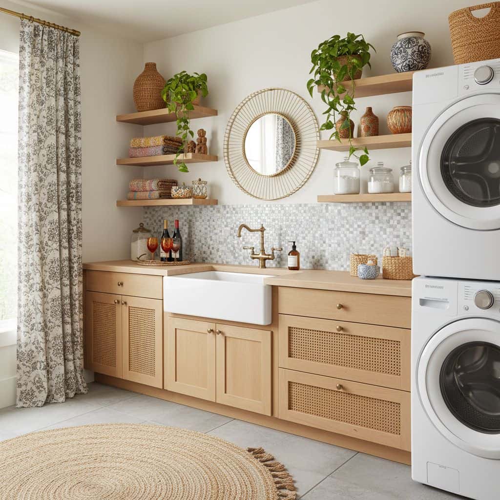 A modern laundry room featuring peel and stick tile backsplash, wooden cabinets, and decorative wall shelves with plants and.