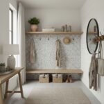Modern bathroom with peel and stick tile wall, wall hooks, and decor.