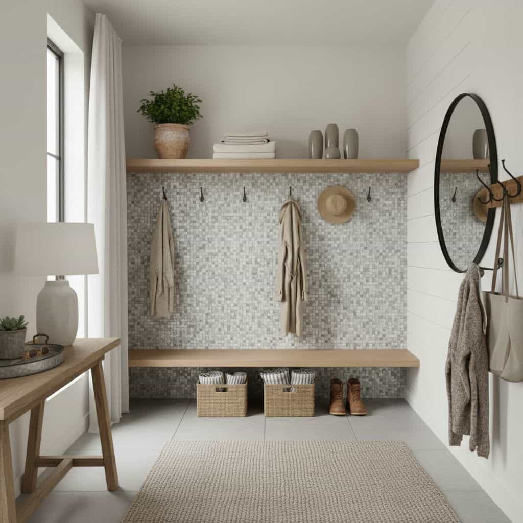 Modern bathroom with peel and stick tile wall, wall hooks, and decor.