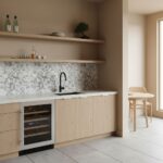 Modern kitchen with peel and stick tile backsplash, light wood cabinets, and minimalist decor.