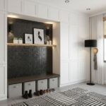 built in entryway storage black aluminum mosaic accent wall