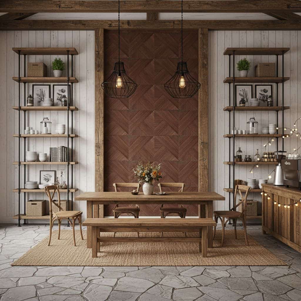 A cozy dining area featuring natural wood textures, open shelving with decor, and warm lighting for a welcoming atmosphere.