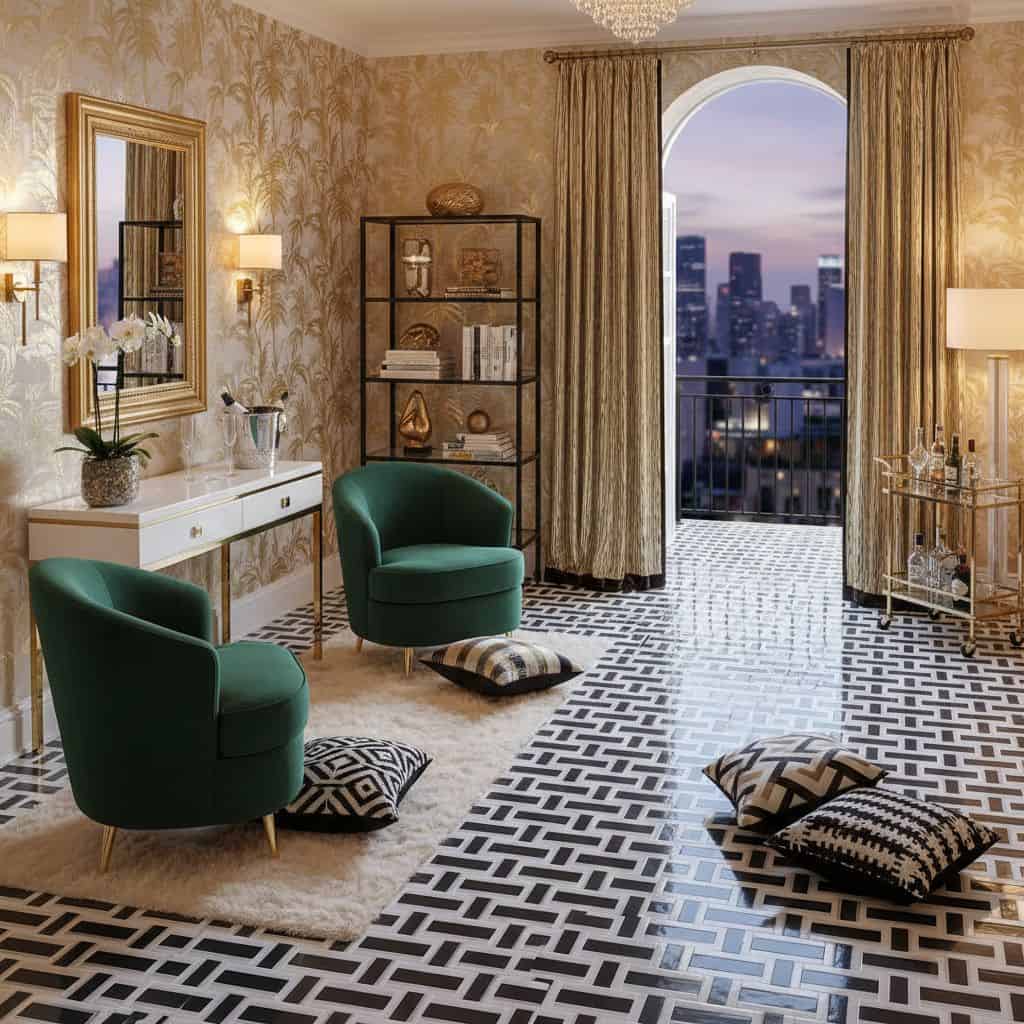 A stylish living room featuring two green velvet armchairs, patterned floor cushions, a large window with city views, and ele.