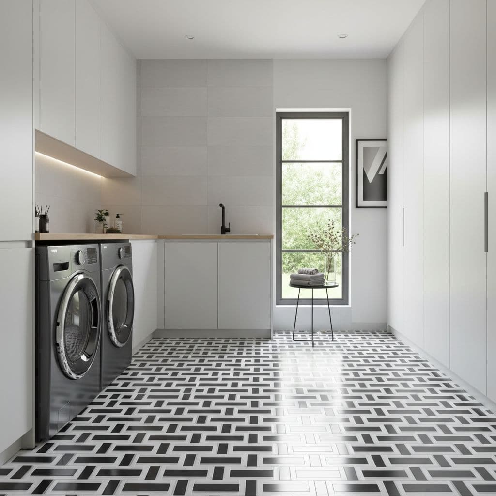 Black and white geometric patterned tile floor with a glossy finish in a modern laundry room.