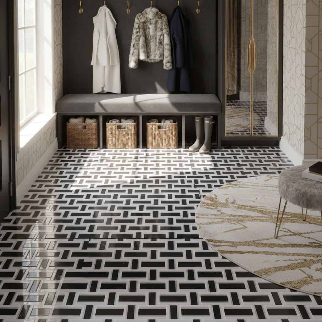 Black and white geometric patterned tile flooring with a modern design.