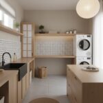 Bright laundry room with light wood cabinets, white tiled backsplash, and a black sink. Features a washer and dryer stacked,.