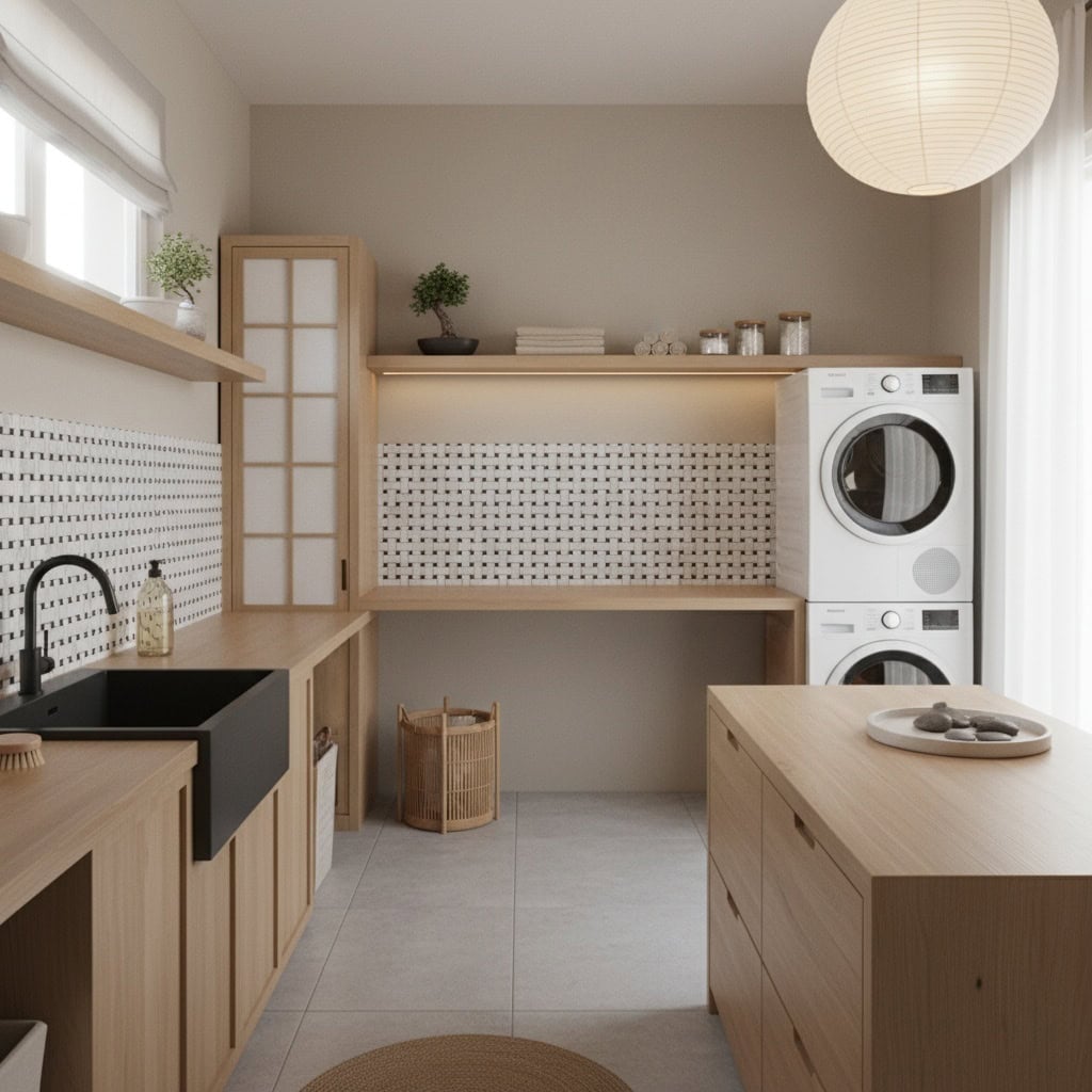 Bright laundry room with light wood cabinets, white tiled backsplash, and a black sink. Features a washer and dryer stacked,.