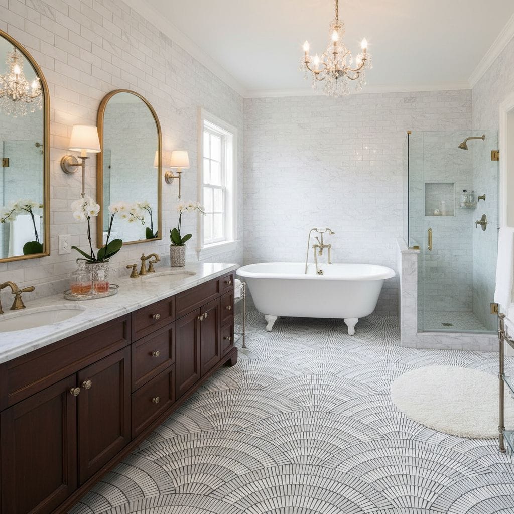 Bright white bathroom with textured tiles, gold fixtures, and a freestanding bathtub.