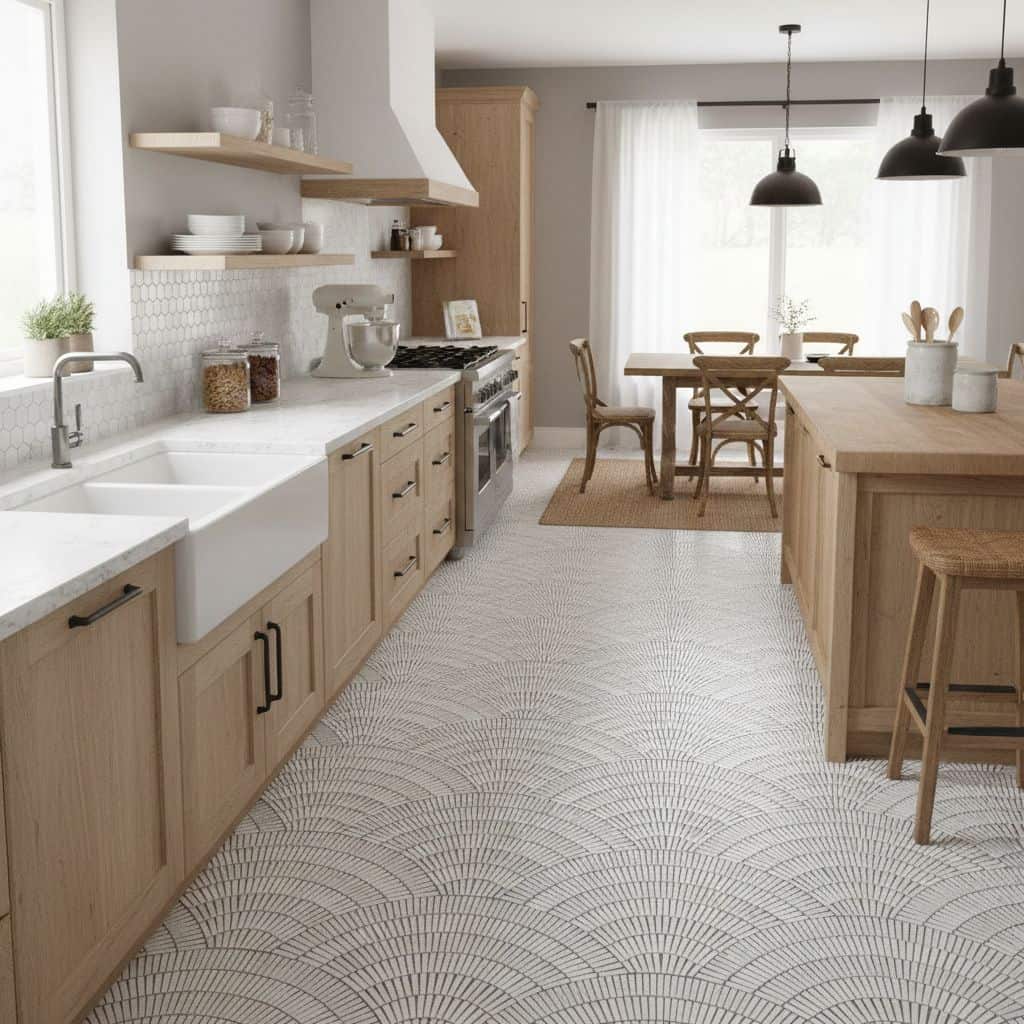 Bright kitchen featuring light wood cabinets and textured tile flooring. Open layout with natural light, black pendant lights.