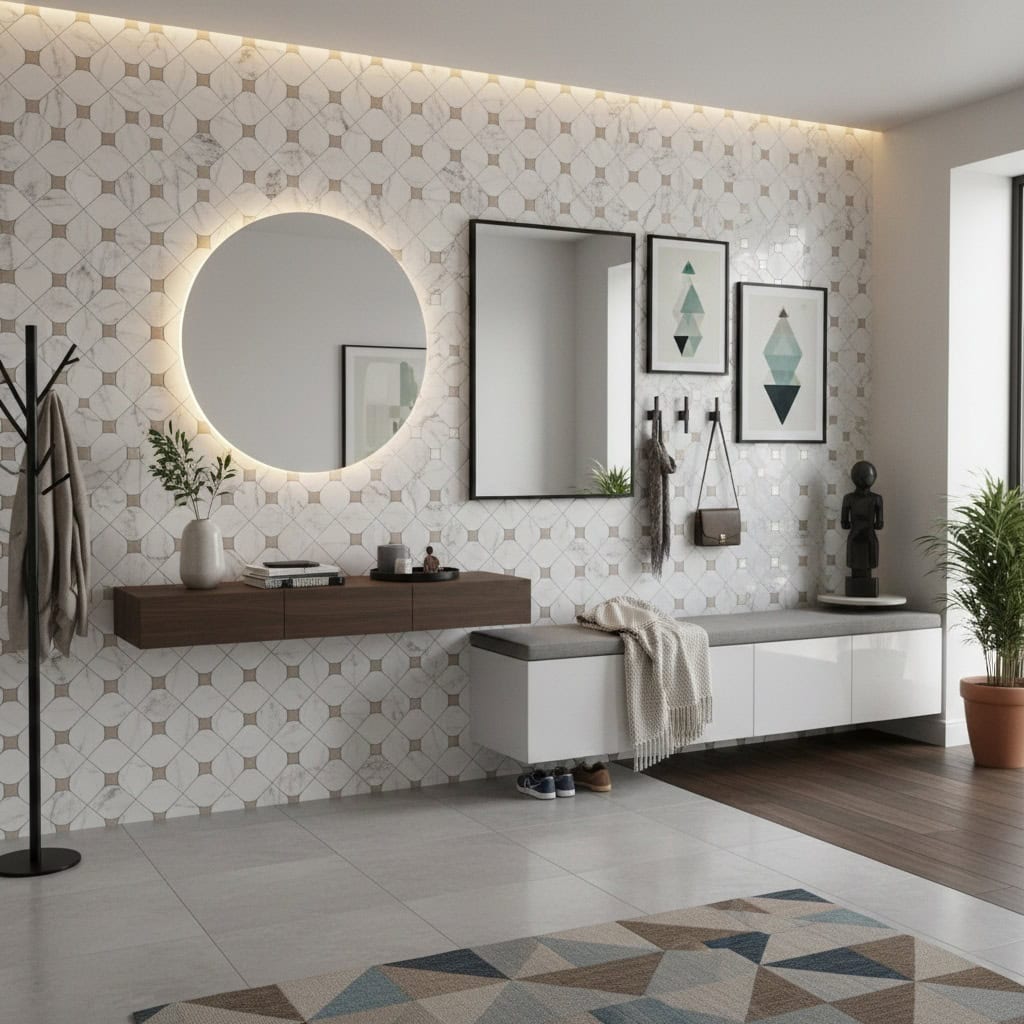 Describe tile color, texture, and.