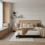 A cozy bedroom featuring beige and gray bedding, wooden furniture, and a textured wall with small dot patterns for a contempo.