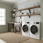 Bright laundry room featuring white tiles, wooden shelves, and a farmhouse sink. Modern washer and dryer with a natural, invi.