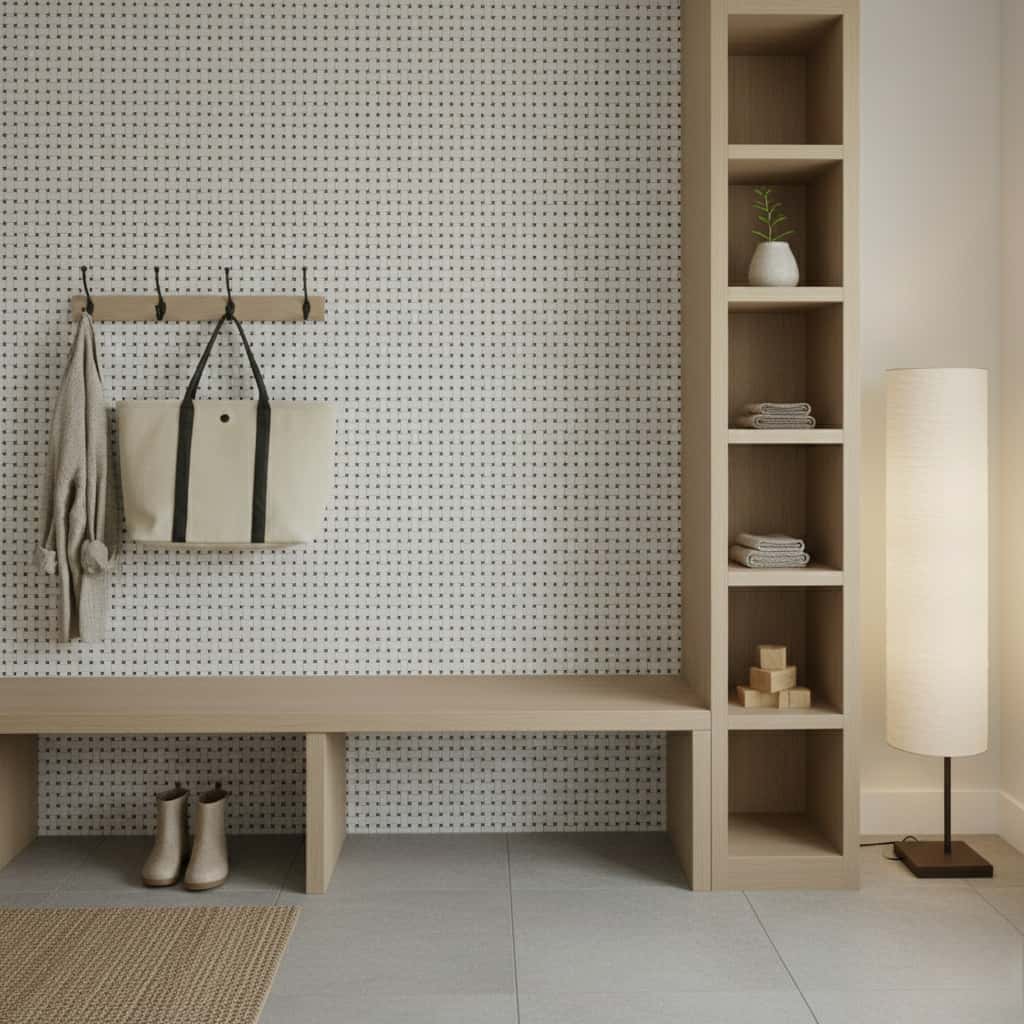 Light beige wood shelving unit with open cubbies and a pegboard wall with hooks, creating a minimalist and functional home or.