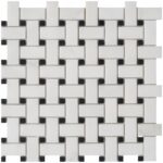 White ceramic tile mosaic with a woven pattern, smooth texture, and glossy finish.