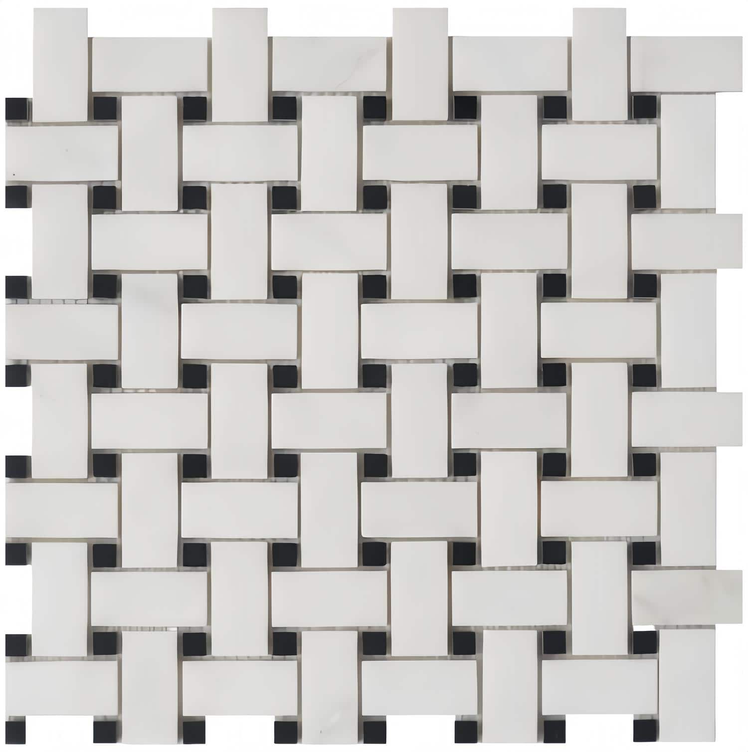 White ceramic tile mosaic with a woven pattern, smooth texture, and glossy finish.