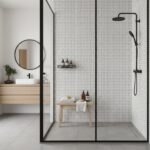 Black and white mosaic tile shower with sleek fixtures and minimalist design.