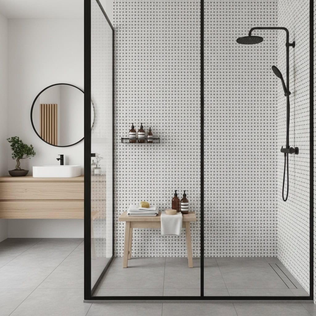 Black and white mosaic tile shower with sleek fixtures and minimalist design.