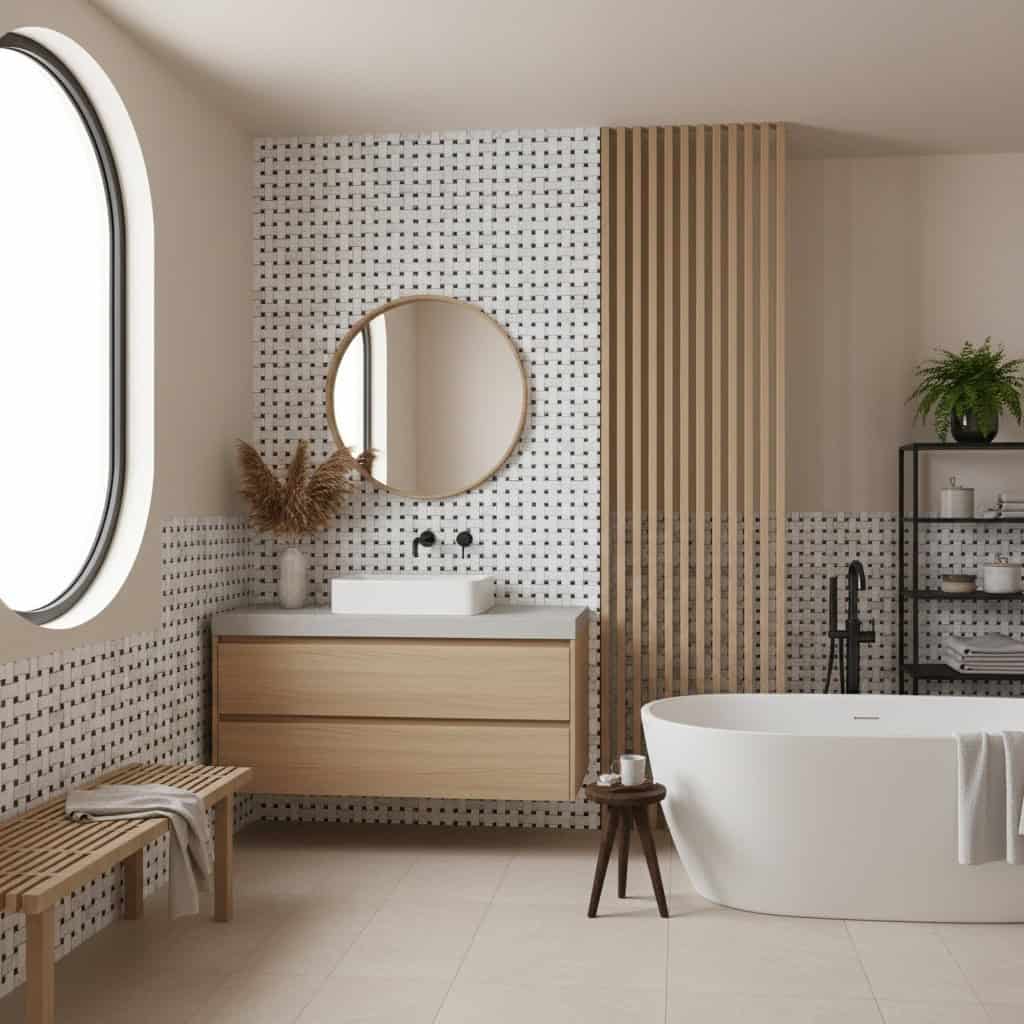 Bright, neutral-toned bathroom featuring textured beige tiles, wooden cabinetry, and a freestanding bathtub.