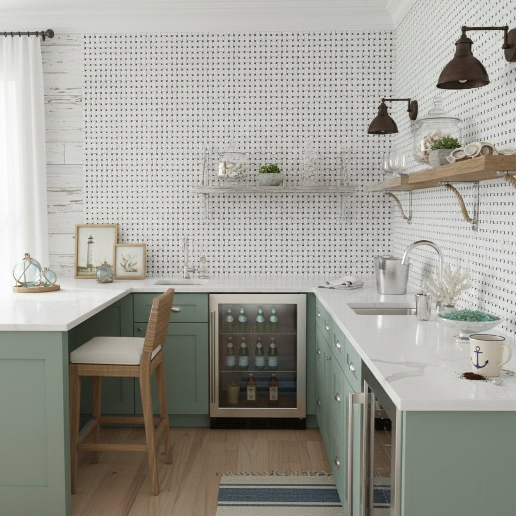 Bright mint green tiles with a smooth finish and subtle texture, complemented by a white countertop and rustic wooden accents.
