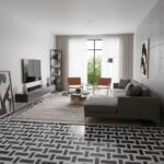 Bright living room featuring black and white geometric patterned tiles, minimalist decor, and large window with natural light.