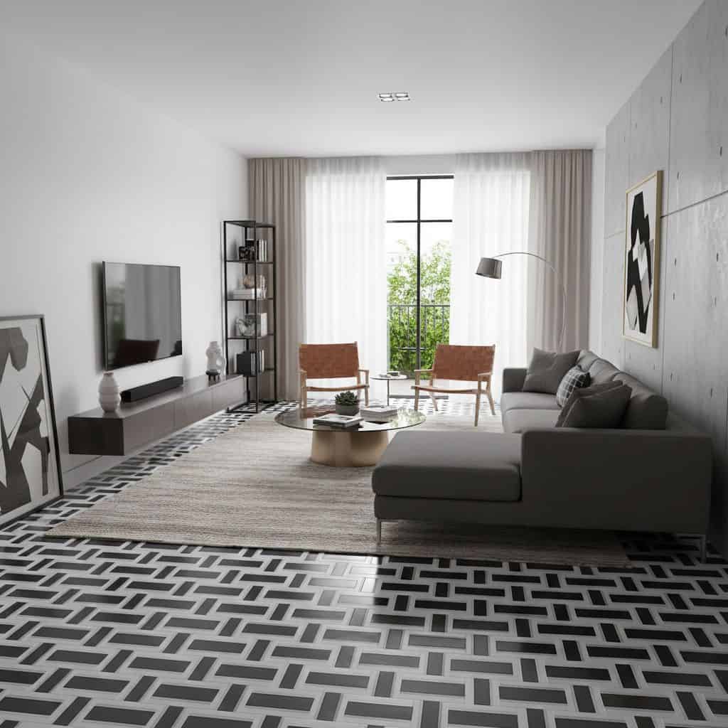 Bright living room featuring black and white geometric patterned tiles, minimalist decor, and large window with natural light.