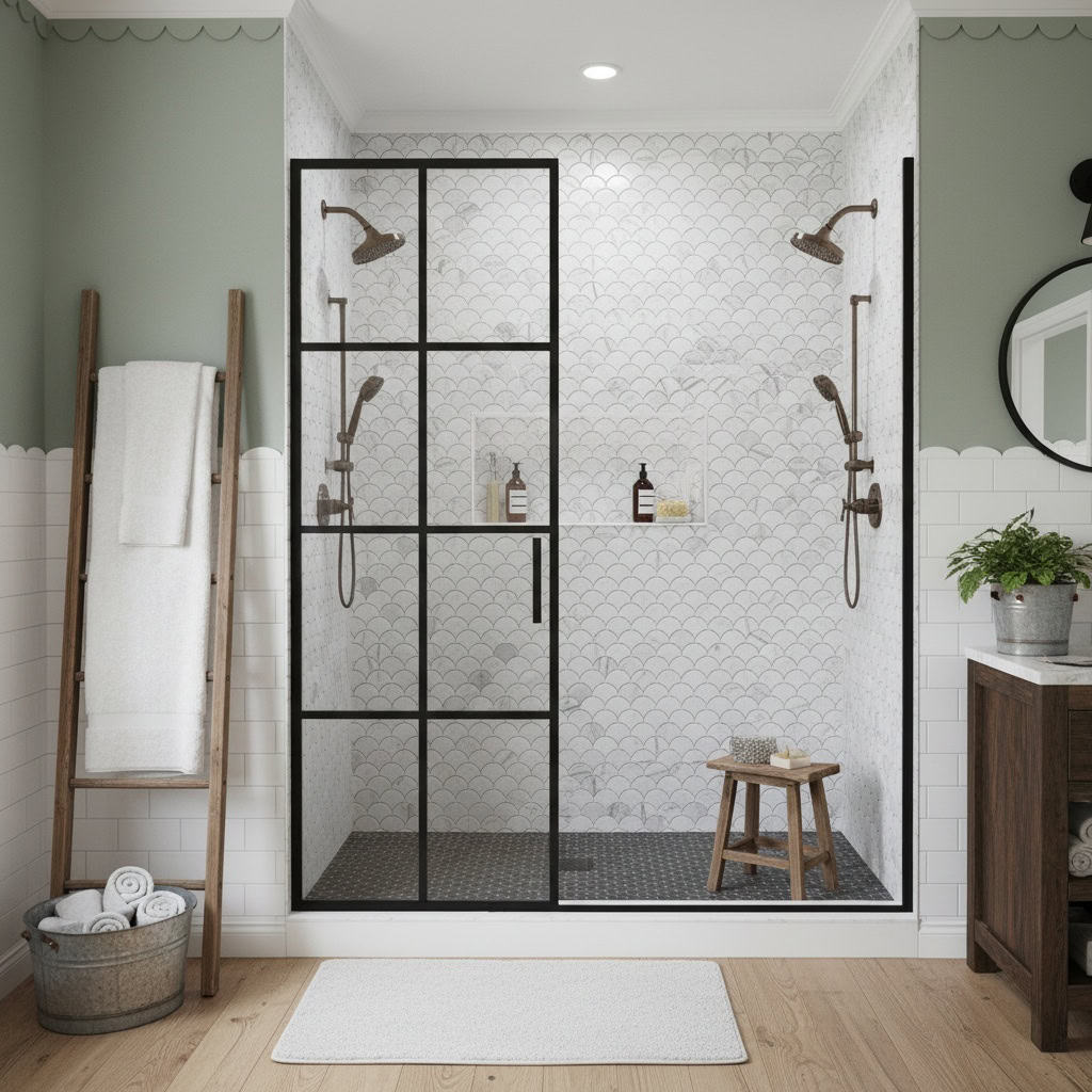 Bright white subway tiles with a glossy finish and a black metal-framed glass shower door.