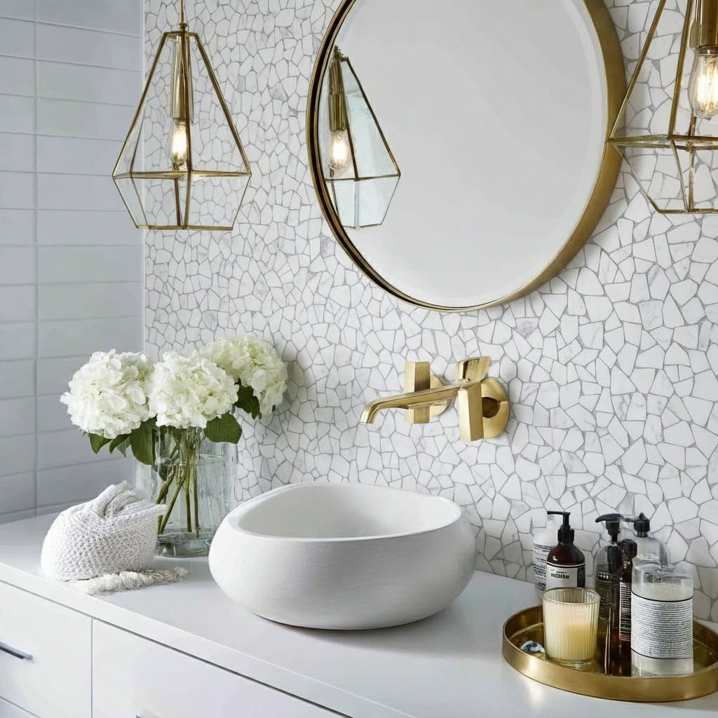 White mosaic tile with a textured, glossy finish for bathroom walls.