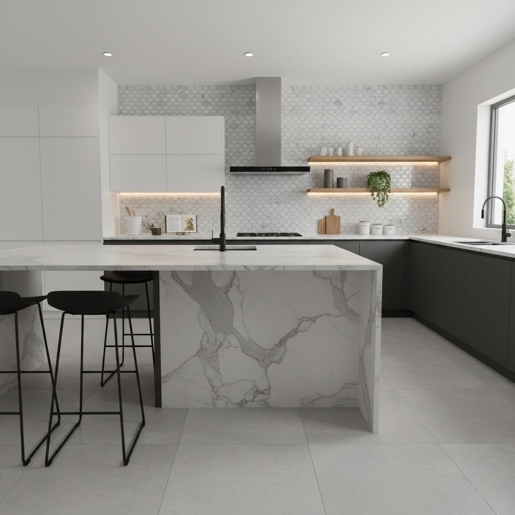 Elegant white marble with gray veining, smooth texture, and sleek finish.